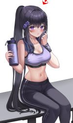Rule 34 | 1girl, bare arms, bare shoulders, black hair, black pants, blue archive, bottle, breasts, cleavage, collarbone, crop top, flower, hair flower, hair ornament, hand up, highres, holding, large breasts, long hair, looking at viewer, midriff, navel, pants, parted lips, ponytail, purple eyes, purple sports bra, seemu (wnslqjdignv ), sidelocks, sitting, sleeveless, solo, sports bra, stomach, sumire (blue archive), sweat, sweatband, taut clothes, very long hair, water bottle, yoga pants