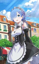 Rule 34 | apron, blue eyes, blue hair, blue sky, blush, building, detached sleeves, european architecture, european clothes, hair over one eye, happy, highres, maid, maid apron, maid headdress, official art, open mouth, outdoors, re:zero kara hajimeru isekai seikatsu, re:zero kara hajimeru isekai seikatsu: lost in memories, rem (re:zero), sky, third-party source, tree