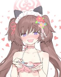 Rule 34 | 1girl, absurdres, animal ears, battle koala, bikini, blue archive, blush, brown hair, choker, fang, flower, food, frilled bikini, frills, hair flower, hair ornament, halo, heart, highres, holding, holding spoon, long hair, looking at viewer, maid headdress, open mouth, pink bikini, pink choker, pink flower, purple eyes, red flower, ribbon, shaved ice, shizuko (blue archive), shizuko (swimsuit) (blue archive), simple background, solo, spoon, swimsuit, twintails, two side up, upper body, very long hair, white background
