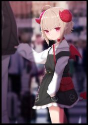 Rule 34 | 1girl, :/, ahoge, bag, belt collar, black border, black dress, blurry, blurry background, border, child, closed mouth, clothes tug, collar, demon girl, depth of field, dress, from side, grey hair, highres, horns, long sleeves, looking at viewer, looking to the side, makaino ririmu, nijisanji, pinafore dress, pointy ears, red eyes, red horns, shirt, short hair, shoulder bag, sleeveless, sleeveless dress, solo focus, standing, strap slip, utsusumi kio, virtual youtuber, white shirt