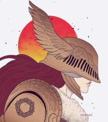 Rule 34 | 1girl, artist name, closed mouth, covered eyes, elden ring, from side, helmet, highres, long hair, malenia blade of miquella, mechanical arms, portrait, profile, prosthesis, prosthetic arm, red hair, single mechanical arm, solo, winged helmet, yanobrk