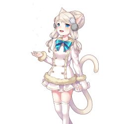 Rule 34 | 1girl, :d, animal ears, animal hands, artist request, blue bow, blue bowtie, blue eyes, blush, bow, bowtie, braid, braided bun, breasts, buttons, cat ears, cat tail, circlet, coat, double-breasted, earmuffs, eyebrows, french braid, from side, full body, fur trim, gloves, hair bun, hair ornament, hair tie, happy, headphones, holding, legs together, long hair, long sleeves, looking at viewer, miniskirt, mittens, official art, open mouth, outstretched hand, parted bangs, paw gloves, perisia blue, pleated skirt, round teeth, short hair with long locks, sidelocks, single glove, single hair bun, skirt, small breasts, smile, snow, snowflake hair ornament, snowing, solo, standing, swept bangs, tail, teeth, thighhighs, transparent background, uchi no hime-sama ga ichiban kawaii, unworn gloves, white coat, white gloves, white hair, white thighhighs, winter clothes, zettai ryouiki