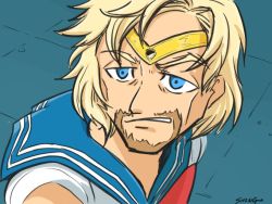 Rule 34 | 1boy, ace combat, artist request, bishoujo senshi sailor moon, blonde hair, blue eyes, clenched teeth, commentary, cosplay, count (ace combat 7), crossdressing, derivative work, diadem, facial hair, male focus, manly, meme, sailor moon, sailor moon (cosplay), sailor moon redraw challenge (meme), school uniform, short hair, solo, teeth