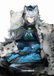 Rule 34 | 1girl, animal ear fluff, animal ears, arknights, blue coat, blue eyes, blue gloves, blue headwear, braid, capelet, character name, coat, commentary, fur-trimmed capelet, fur trim, gloves, gold necklace, grey hair, hair between eyes, hair ornament, hand on animal, highres, jewelry, leopard ears, leopard girl, long hair, long sleeves, looking at viewer, necklace, official alternate costume, parted lips, pekopeco, petting, pramanix (arknights), pramanix (caster&#039;s frost) (arknights), single braid, sitting, snow leopard, solo