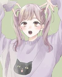 Rule 34 | 1girl, :o, animal print, arms up, baggy clothes, blush, brown eyes, cat print, commentary, fingernails, furusato kou, green background, grey hair, grey shirt, highres, light brown hair, long hair, long sleeves, open mouth, original, print shirt, purple nails, shirt, simple background, sleeves past wrists, solo, straight-on, t-shirt, teeth, twintails, upper body, upper teeth only