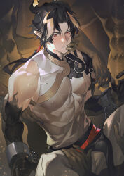 Rule 34 | 1boy, absurdres, arknights, black hair, bound, bound wrists, bulge, chong yue (arknights), covered erect nipples, dragon boy, dragon horns, feet out of frame, finger to another&#039;s mouth, highres, horns, large pectorals, long hair, looking at viewer, male focus, multicolored hair, out of frame, painttool sai (medium), pectorals, pelvic curtain, pointy ears, ponytail, pos po, saliva, solo, spread legs, streaked hair, toned, toned male