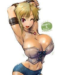 Rule 34 | 1girl, amania orz, armband, armpits, arms up, blonde hair, breasts, bursting breasts, cleavage, corset, dated, helvi oberg, hip focus, huge breasts, jewelry, knight&#039;s and magic, large breasts, looking at viewer, necklace, one eye closed, open mouth, raised eyebrow, shiny clothes, shiny skin, short hair, short shorts, shorts, simple background, skindentation, smile, solo, thighs, twitter username, white background