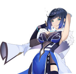 Rule 34 | 1girl, absurdres, aqua eyes, arm behind head, armpits, black gloves, blue dress, blue hair, breasts, cigar, cleavage, commentary, dress, earrings, feet out of frame, fur-trimmed jacket, fur trim, genshin impact, gloves, highres, holding, holding cigar, jacket, jacket on shoulders, jewelry, large breasts, light blush, looking at viewer, medium hair, mole, mole on breast, open mouth, parted lips, single glove, solo, standing, sweatdrop, tupolev-160 (artist), white background, white jacket, yelan (genshin impact)