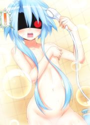 Rule 34 | !, 1girl, ahoge, angry, blanc (neptunia), blue hair, blush, covering privates, covering breasts, embarrassed, haru blanc0316, highres, looking at viewer, navel, neptune (series), nude, open mouth, red eyes, shaded face, sharp teeth, short hair with long locks, shower head, showering, solo, teeth, wet, white heart (neptunia)