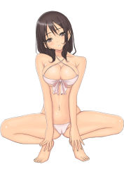 Rule 34 | 1girl, :o, bare shoulders, barefoot, bikini, black hair, blush, breasts, brown eyes, brown hair, cameltoe, cleavage, criss-cross halter, feet, fingernails, front-tie top, halterneck, hands on feet, large breasts, long hair, looking at viewer, muffin (sirumeria), navel, open mouth, original, shiny skin, short hair, skindentation, solo, spread legs, squatting, strap gap, swimsuit, underboob, white bikini