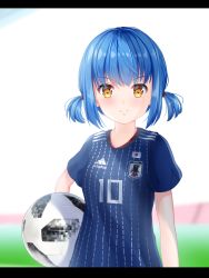 Rule 34 | 1girl, 2018 fifa world cup, ball, blue hair, highres, japanese flag, letterboxed, looking at viewer, smile, soccer, soccer ball, soccer uniform, solo, sportswear, twintails, world cup, yellow eyes