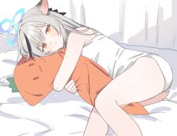 Rule 34 | 1girl, animal ears, blue archive, blue halo, brown eyes, carrot-shaped pillow, daredattakke, feet out of frame, grey hair, halo, highres, hugging object, kokona (blue archive), long hair, looking at viewer, lying, on bed, on side, parted lips, pillow, pillow hug, solo, thighs