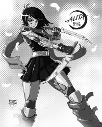 Rule 34 | 1girl, alita, alternate costume, android, battle angel alita, black hair, black skirt, breasts, commentary, copyright name, crossover, dagger, dual wielding, english commentary, floating hair, gloves, grey gloves, greyscale, highres, holding, holding dagger, holding knife, holding weapon, kimetsu no yaiba, knife, leadapprentice, logo parody, mechanical arms, mechanical legs, medium breasts, monochrome, short hair, skirt, smile, solo, weapon