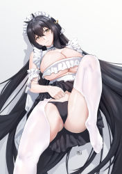 Rule 34 | 1girl, absurdly long hair, absurdres, azur lane, black hair, black panties, black skirt, breasts, choker, cleavage, crotchless, crotchless pantyhose, feet out of frame, frilled choker, frills, hair between eyes, highres, huge breasts, indomitable (azur lane), indomitable (ms. motivationless maid) (azur lane), long hair, looking at viewer, lying, maid headdress, miniskirt, official alternate costume, on back, panties, pantyhose, pleated skirt, simple background, skindentation, skirt, solo, thighs, tierla, underwear, very long hair, white background, white pantyhose, yellow eyes