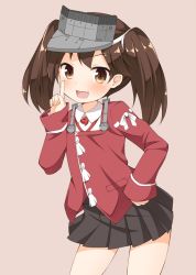 Rule 34 | 10s, 1girl, :d, black skirt, brown eyes, brown hair, cowboy shot, customer (carrack), hand on own hip, japanese clothes, kantai collection, kariginu, looking at viewer, magatama, open mouth, pleated skirt, pointing, pointing up, ryuujou (kancolle), simple background, skirt, sleeves past wrists, smile, solo, twintails, visor cap