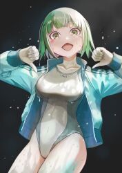 Rule 34 | 1girl, :o, absurdres, black background, blue jacket, blush, competition swimsuit, dai tokyo oniyome-den, green eyes, green hair, highres, hxk4 n, jacket, long sleeves, midorikawa keroru, one-piece swimsuit, solo, standing, swimsuit, thumbs down, wet