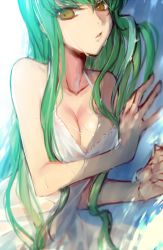 Rule 34 | 1girl, bare arms, bare shoulders, breasts, c.c., cleavage, code geass, collarbone, commentary request, creayus, dress, dutch angle, green hair, lips, long hair, lying, medium breasts, on side, parted lips, shiny skin, sleeveless, sleeveless dress, solo, straight hair, sundress, tsurime, upper body, very long hair, water, water drop, wet, wet clothes, wet dress, white dress, yellow eyes