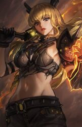 1girl armor athenawyrm black_gloves blonde_hair blue_eyes breasts cleavage gloves holding holding_weapon huge_weapon long_hair looking_at_viewer magik_(x-men) marvel marvel_rivals navel shorts solo sword weapon x-men