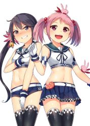 Rule 34 | 10s, 2girls, :3, adapted costume, akebono (kancolle), angry, animal, animal ears, animal on head, bad id, bad twitter id, badge, bare shoulders, bell, black legwear, blush, bodypaint, breasts, rabbit, rabbit ears, clenched teeth, covering privates, covering breasts, covering crotch, flower, gloves, hair bell, hair bobbles, hair flower, hair ornament, horosuke, jingle bell, kantai collection, long hair, looking at viewer, multiple girls, navel, on head, open mouth, pink eyes, pink hair, purple eyes, purple hair, race queen, red scarf, sazanami (kancolle), scarf, short hair, short shorts, shorts, side ponytail, simple background, skirt, small breasts, smile, teeth, thighhighs, twintails, very long hair, white background, white legwear