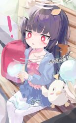 Rule 34 | !, 1girl, absurdres, alternate costume, black hair, blue archive, blue jacket, blue skirt, blush stickers, bow, breasts, camisole, collarbone, feet out of frame, food, footprints, halo, highres, ice cream, ice cream cone, jacket, layered skirt, long hair, long sleeves, miyu (blue archive), on bench, pantyhose, parted lips, peroro (blue archive), pink bow, pink camisole, pleated skirt, puffy long sleeves, puffy sleeves, red eyes, sitting, skirt, small breasts, solo, wellski, white halo, white pantyhose