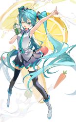 Rule 34 | 1girl, ;d, absurdres, aqua hair, black skirt, black thighhighs, boots, carrot, food, fruit, full body, hatsune miku, highres, holding, index finger raised, karasu btk, lemon, long hair, looking at viewer, one eye closed, open mouth, pleated skirt, shirt, skirt, smile, solo, teeth, thighhighs, twintails, upper teeth only, very long hair, vocaloid, white background, white footwear, white shirt