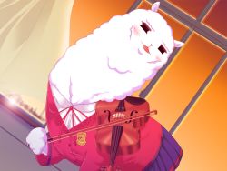 Rule 34 | adjusting hair, alpaca, brown eyes, character request, clothes lift, curtains, closed eyes, game cg, grass, instrument, no humans, paca plus, pacoproject, pleated skirt, school uniform, skirt, skirt lift, smile, solo, standing, tsukasa rin, twilight, violin, wind, window