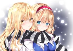 Rule 34 | 2girls, :p, adapted costume, alice margatroid, bad id, bad pixiv id, blonde hair, blue dress, blue eyes, blush, breasts, closed mouth, dress, eyes visible through hair, gradient background, hair between eyes, hairband, hug, kirisame marisa, long hair, looking at viewer, medium breasts, multiple girls, nanase nao, no headwear, red hairband, scarf, short hair, simple background, smile, snowing, striped clothes, striped scarf, tongue, tongue out, touhou, upper body, white sleeves, winter clothes, yellow eyes, yuri