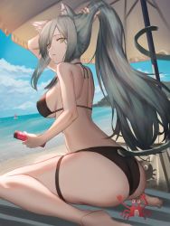 Rule 34 | 1girl, absurdres, animal ear fluff, animal ears, arknights, arm up, ass, ass cutout, back, bad id, bad twitter id, bare arms, bare shoulders, barefoot, beach, beach umbrella, bikini, black bikini, breasts, bunching hair, cat ears, cat girl, cat tail, clothing cutout, crab, day, from behind, grey hair, halterneck, highres, ioriwu8, large breasts, long hair, looking at viewer, looking back, ocean, outdoors, parted lips, schwarz (arknights), shoulder blades, sitting, sky, solo, string bikini, sweatdrop, swimsuit, tail, thigh strap, thighs, umbrella, very long hair, wariza, yellow eyes
