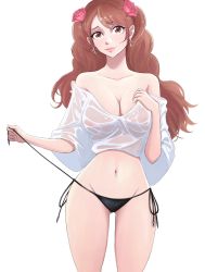 Rule 34 | 1girl, bikini, bikini pull, black bikini, breasts, brown hair, charlotte pudding, clothes pull, cowboy shot, curvy, drill hair, earrings, flower, flower on head, from behind, highres, jewelry, large breasts, long hair, looking at viewer, navel, one piece, opalis, shiny skin, shirt, side-tie bikini bottom, sideboob, smile, solo, standing, swimsuit, thong bikini, twintails, wide hips