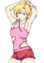 Rule 34 | 1girl, armpits, arms up, bare arms, bare shoulders, blonde hair, blue eyes, breasts, camisole, casual, collarbone, colored eyelashes, commentary request, contrapposto, elle vianno, gundam, gundam zz, hairdressing, highres, long hair, looking at viewer, medium breasts, mouth hold, pocket, ponytail, red shorts, short shorts, shorts, simple background, solo, tsurui, tying hair, white background