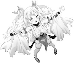Rule 34 | &gt; &lt;, 1girl, arm warmers, armpits, azur lane, azur lane: slow ahead, breasts, dragon horns, greyscale, hair on horn, hori (hori no su), horns, japanese clothes, large breasts, long hair, monochrome, open mouth, outstretched arms, pelvic curtain, revealing clothes, ribbon-trimmed clothes, ribbon-trimmed thighhighs, ribbon trim, shimanto (azur lane), simple background, solo, standing, thighhighs, wet, white background