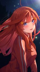 Rule 34 | 1girl, :d, ahoge, blue eyes, blurry, blurry background, blush, breasts, commentary request, ganko-chan (shashaneko123), go-toubun no hanayome, hair ornament, highres, jacket, large breasts, lens flare, light particles, long hair, long sleeves, looking at viewer, nakano itsuki, night, night sky, open mouth, rainbow, red hair, red jacket, sky, smile, solo, star (sky), star (symbol), star hair ornament, track jacket, upper body