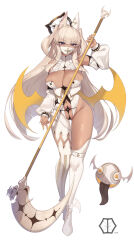 Rule 34 | 1girl, animal ears, bracelet, breasts, cleavage, clothing cutout, dark-skinned female, dark skin, detached sleeves, halo, highres, jewelry, large breasts, light brown hair, long hair, mask, mouth mask, original, panties, pubic tattoo, purple eyes, revealing clothes, scythe, solo, spiked bracelet, spikes, tattoo, thighhighs, two side up, underwear, very long hair, wings, yaman