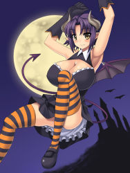 Rule 34 | 1girl, armpits, arms up, bad id, bad pixiv id, bare shoulders, bat (animal), blush, breasts, castle, cleavage, demon girl, demon tail, demon wings, dress, covered erect nipples, fang, frilled dress, frills, full moon, gloves, horns, huge breasts, moon, naru (kuma), night, night sky, nipples, original, pointy ears, purple hair, shoes, short dress, short hair, sky, smile, solo, tail, thighhighs, upskirt, wings, yellow eyes