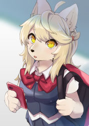 Rule 34 | 1girl, ahoge, animal ears, backpack, bag, borrowed character, bow, bowtie, cellphone, dog ears, dog girl, female focus, furry, furry female, hanadaiteol, highres, holding, holding phone, open mouth, original, phone, red bow, red bowtie, school uniform, skirt, smartphone, solo, yellow eyes