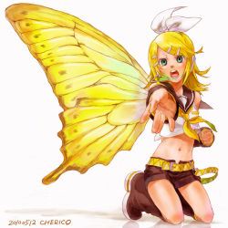 Rule 34 | 1girl, aqua eyes, blonde hair, butterfly wings, cherico, female focus, foreshortening, full body, hair ornament, hair ribbon, hairclip, headphones, headset, insect wings, kagamine rin, midriff, migikata no chou (vocaloid), navel, ribbon, short hair, solo, vocaloid, white background, wings, yellow theme