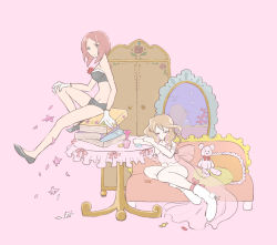 Rule 34 | 10s, 2girls, alisha diphda, bare shoulders, blue eyes, book, boots, breasts, brown hair, candy, closed eyes, crying, flower, food, gloves, highres, long hair, midriff, mirror, multiple girls, pillow, pink background, princess, red hair, reflection, rose, rose (tales), see-through, shoes, short hair, simple background, tales of (series), tales of zestiria, tears