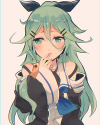 Rule 34 | 10s, 1girl, arm behind back, black ribbon, blue neckerchief, detached sleeves, green eyes, green hair, hair between eyes, hair ornament, hair ribbon, hairclip, hand on own face, itomugi-kun, kantai collection, long hair, looking away, neckerchief, ponytail, ribbon, simple background, solo, wide sleeves, yamakaze (kancolle)