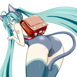 Rule 34 | 1girl, ahoge, animal ears, ass, backpack, bag, bent over, blush, cat ears, cat tail, fake animal ears, green eyes, green hair, hatsune miku, headset, long hair, looking back, matching hair/eyes, minazuki itto, one-piece swimsuit, paw pose, randoseru, simple background, solo, swimsuit, tail, thighhighs, twintails, very long hair, vocaloid, white background