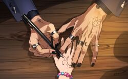 Rule 34 | 1boy, 1girl, bead bracelet, beads, black nails, black shirt, black suit, bracelet, close-up, doodles, formal, from above, hand focus, hand on hand, hand tattoo, heart, holding, holding pen, jewelry, male focus, mojisan (ebimo), on table, original, pen, pink ribbon, rabbit, ribbon, ring, shadow, shirt, suit, table, tattoo