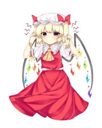 Rule 34 | 1girl, :&lt;, absurdres, alternate hairstyle, ascot, bad id, bad pixiv id, blonde hair, blush, cheunes, crystal, flandre scarlet, hat, hat ribbon, highres, mob cap, puffy sleeves, red eyes, ribbon, shirt, short sleeves, skirt, skirt set, solo, touhou, twintails, vest, wings, wrist cuffs