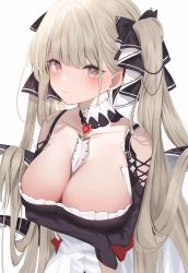 Rule 34 | 1girl, absurdres, arms under breasts, azur lane, bare shoulders, between breasts, black dress, breasts, cleavage, clothing cutout, commentary request, daily (daily178900), detached collar, dress, flight deck, formidable (azur lane), frilled dress, frills, grey hair, highres, huge breasts, large breasts, long hair, looking at viewer, necktie, necktie between breasts, pink eyes, red eyes, shoulder cutout, simple background, solo, twintails, two-tone dress, two-tone ribbon, upper body, very long hair, white background, white dress