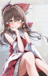 Rule 34 | 1girl, 258n, absurdres, alternate eye color, bare shoulders, blush, bow, breasts, brown hair, closed mouth, collared dress, detached sleeves, dress, eyes visible through hair, frills, gradient background, grey background, hair between eyes, hair ornament, hair tubes, hakurei reimu, hand on own face, hand up, highres, long hair, long sleeves, looking at viewer, medium breasts, red bow, red dress, sitting, smile, solo, touhou, wide sleeves, yellow eyes