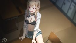 Rule 34 | 1girl, black bra, blonde hair, blue skirt, blurry, blurry background, bra, breasts, chair, classroom, cleavage, commentary, crotch rub, desk, ear piercing, english commentary, female masturbation, indoors, keihh, kitagawa marin, large breasts, long hair, long sleeves, masturbation, multicolored hair, navel, open clothes, open mouth, open shirt, piercing, plaid, plaid skirt, pleated skirt, red eyes, red hair, school chair, school desk, school uniform, shirt, skirt, solo, sono bisque doll wa koi wo suru, streaked hair, table humping, underwear, white shirt