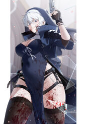 Rule 34 | 1girl, absurdres, bechu, black gloves, black thighhighs, blood, blood on clothes, blood on face, blue dress, blue jacket, breasts, broken glass, chain, cleavage, devil may cry (series), dress, fingerless gloves, genderswap, genderswap (mtf), glass, gloves, grin, gun, habit, high collar, highres, holding, holding gun, holding weapon, jacket, large breasts, looking at viewer, nero (devil may cry), nun, open clothes, open jacket, pelvic curtain, smile, solo, thighhighs, weapon, white hair