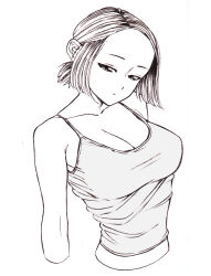 Rule 34 | 1girl, bad id, bad pixiv id, breasts, closed mouth, collarbone, dende (dndn222), forehead, greyscale, half-closed eyes, highres, large breasts, midriff, monochrome, original, scan, scan artifacts, shirt, short hair, solo, standing, tank top, traditional media, upper body