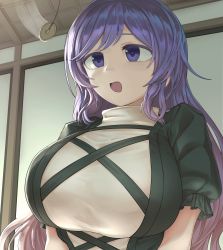 Rule 34 | 1girl, absurdres, blush, breasts, coin, coin on string, commentary request, commission, dress, hakonnbo, highres, hijiri byakuren, huge breasts, hypnosis, layered dress, long hair, mind control, open mouth, pendulum, puffy short sleeves, puffy sleeves, purple eyes, purple hair, short sleeves, skeb commission, smile, solo, touhou, upper body, wavy hair, white dress