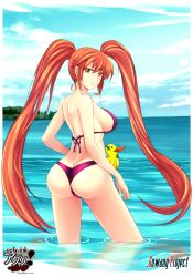 Rule 34 | 1girl, ass, bikini, highres, long hair, original, parted lips, red eyes, red hair, rubber duck, smile, soaking feet, solo, swimsuit, thong bikini, twintails, ugly ink, very long hair, wading, water, watermark, web address