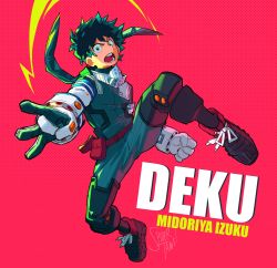 Rule 34 | 1boy, belt, boku no hero academia, boots, character name, curly hair, freckles, gauntlets, gloves, green eyes, green hair, highres, male focus, midoriya izuku, pale skin, red background, shoes, short hair, simple background, sneakers, solo, spidertams, tagme
