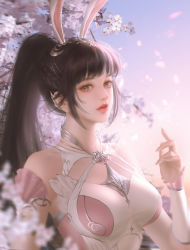 Rule 34 | 1girl, absurdres, blue sky, breasts, brown hair, cherry blossoms, douluo dalu, douluo dalu xiaowu zhuye, dress, highres, large breasts, looking at viewer, petals, pink dress, ponytail, sky, tree, weibo watermark, xiao wu (douluo dalu)
